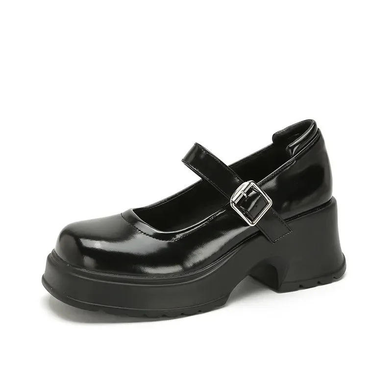 Hnzxzm Thick Sole Mary's French Chunky Heeled Height Increasing Small Princess Leather Shoes