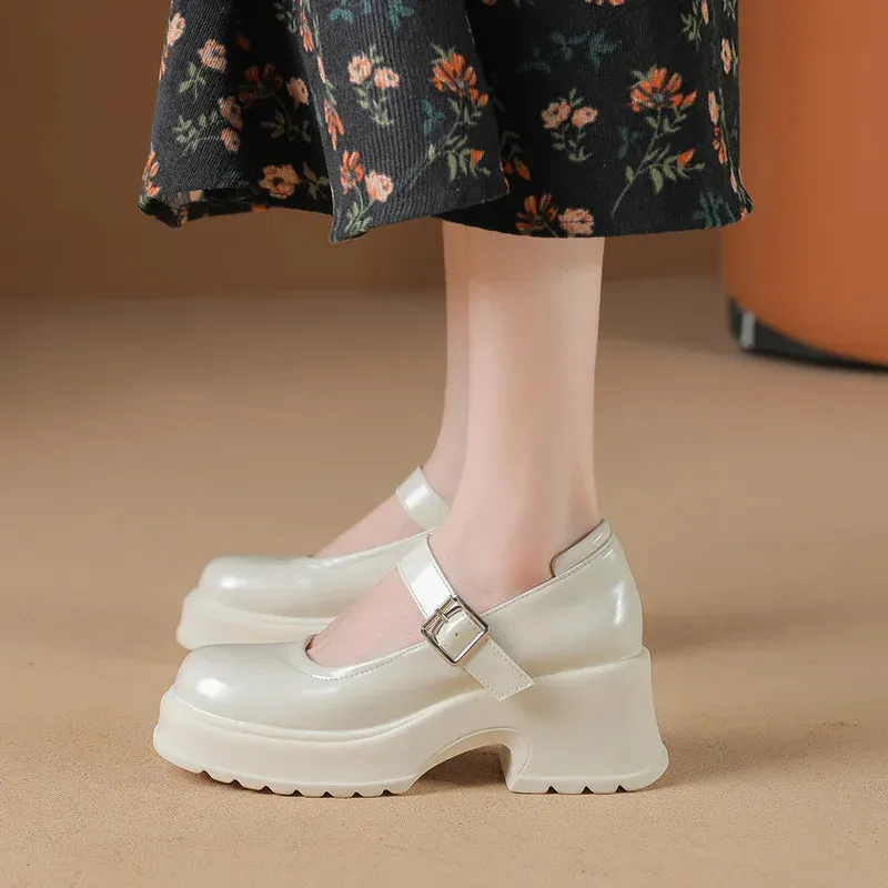 Hnzxzm Thick Sole Mary's French Chunky Heeled Height Increasing Small Princess Leather Shoes
