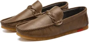 HOOENG Driving Moccasins for Men Vegan Leather Stitching Details Round Toe Rubber Sole Penny Loafer Resistant Anti-Slip Flat Heel Walking Slip On (Color : Brown, Size : 8.5)