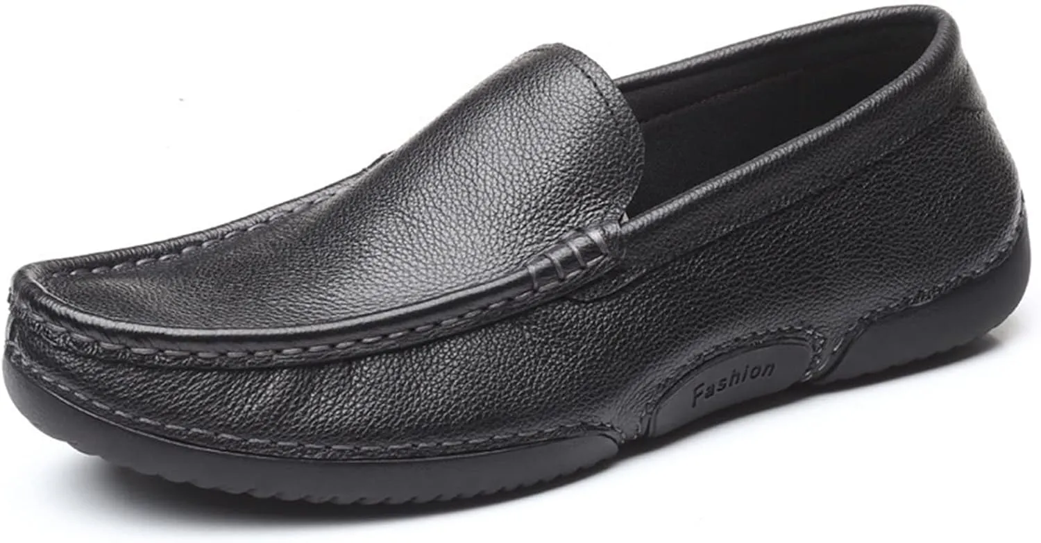HOOENG Loafer Shoes for Men Genuine Leather Round Toe Stitching Details Soft Lightweight Flexible Anti-Slip Resistant Driving Slip on (Color : Black, Size : 7.5)