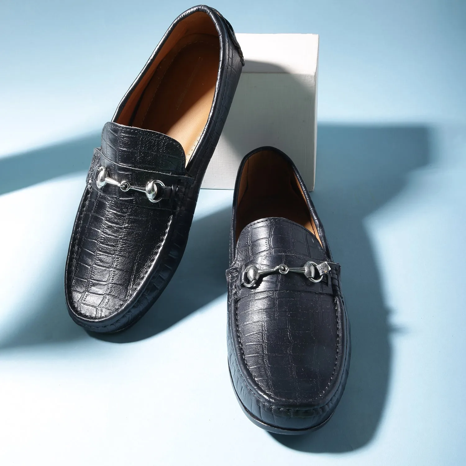 Horsebit Buckle Driving Shoes - Croc Black