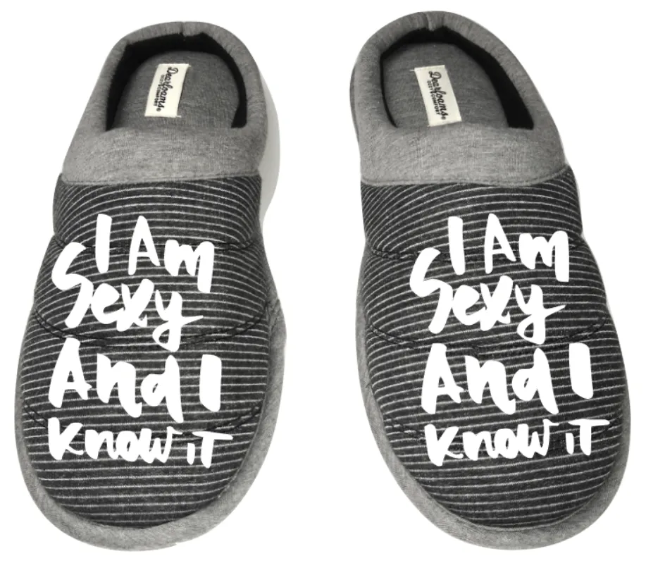 I am sexy and I know it funny DF by DEARFOAMS Men's Slippers / House Shoes slides dad father husband gift
