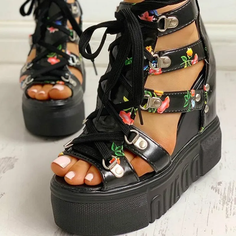 Joskaa INS Hot Print Leisure Wedges Women's Shoes 2024 Summer Shoes Women Sandals Platform Shoelaces High Heels Casual Shoes Woman