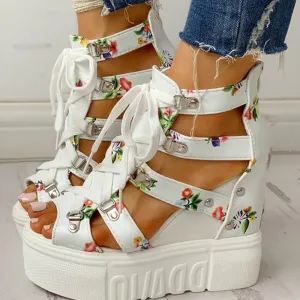 Joskaa INS Hot Print Leisure Wedges Women's Shoes 2024 Summer Shoes Women Sandals Platform Shoelaces High Heels Casual Shoes Woman