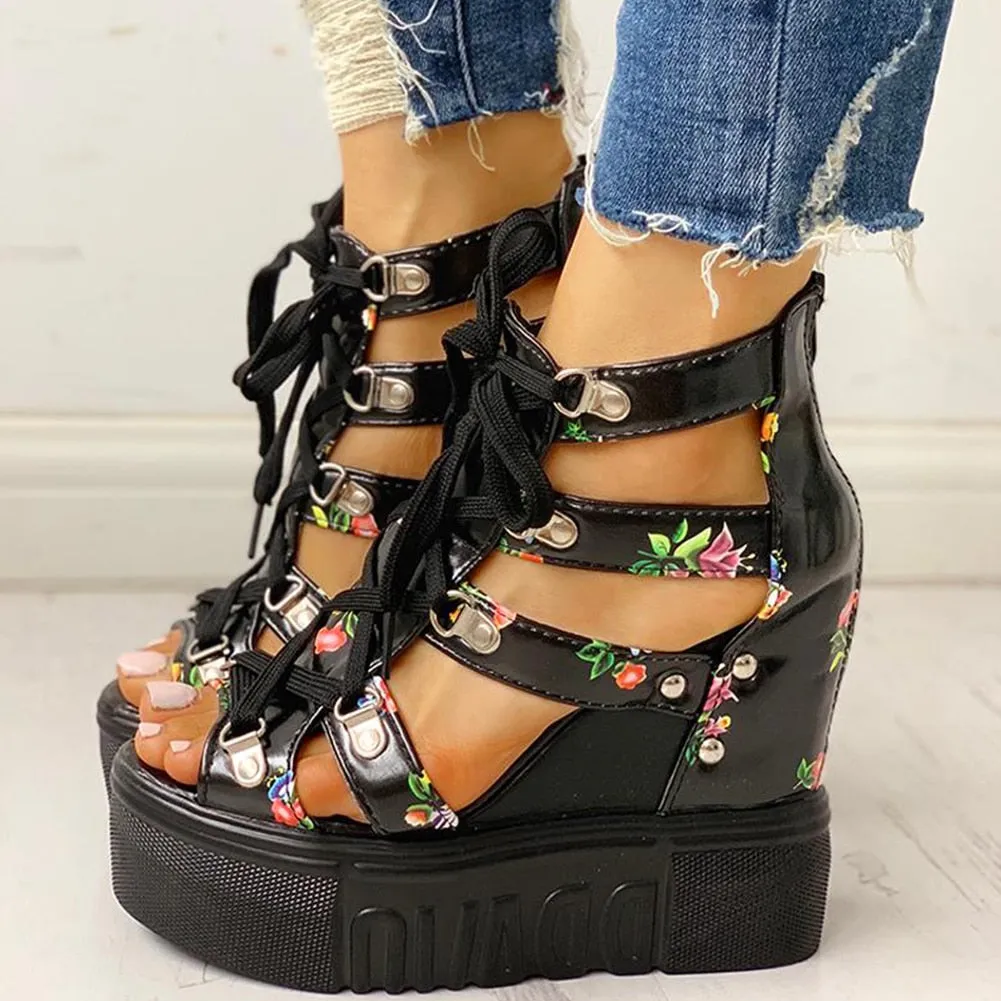 Joskaa INS Hot Print Leisure Wedges Women's Shoes 2024 Summer Shoes Women Sandals Platform Shoelaces High Heels Casual Shoes Woman