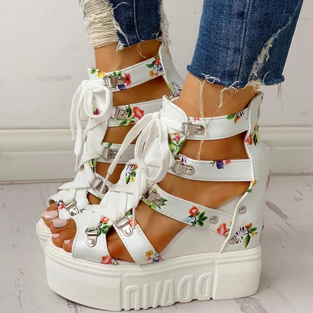 Joskaa INS Hot Print Leisure Wedges Women's Shoes 2024 Summer Shoes Women Sandals Platform Shoelaces High Heels Casual Shoes Woman