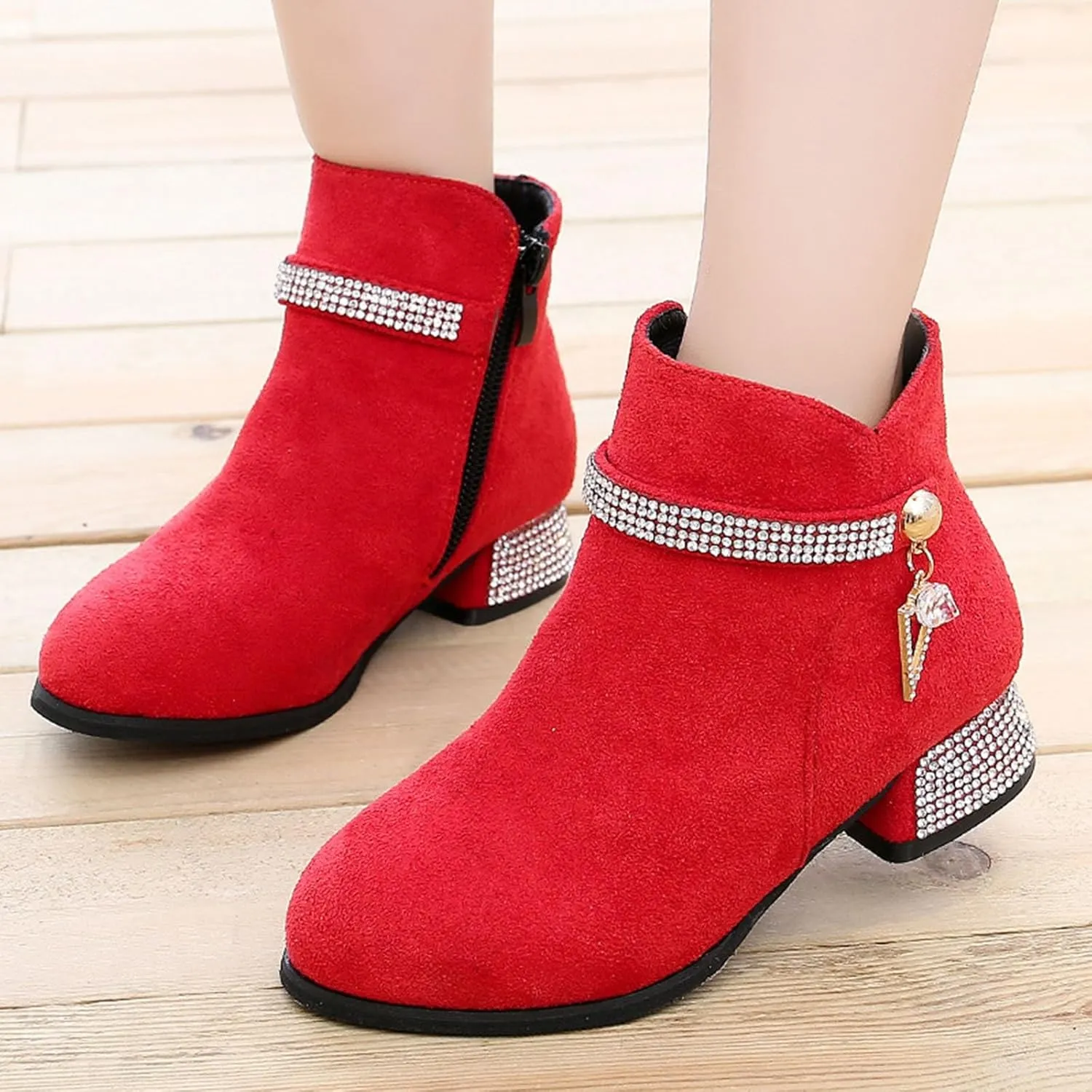 Kids Girls Low Heel Ankle Boots Side Zipper Slip On Dress Shoes Fall Winter Outdoor Casual Booties School Shoes