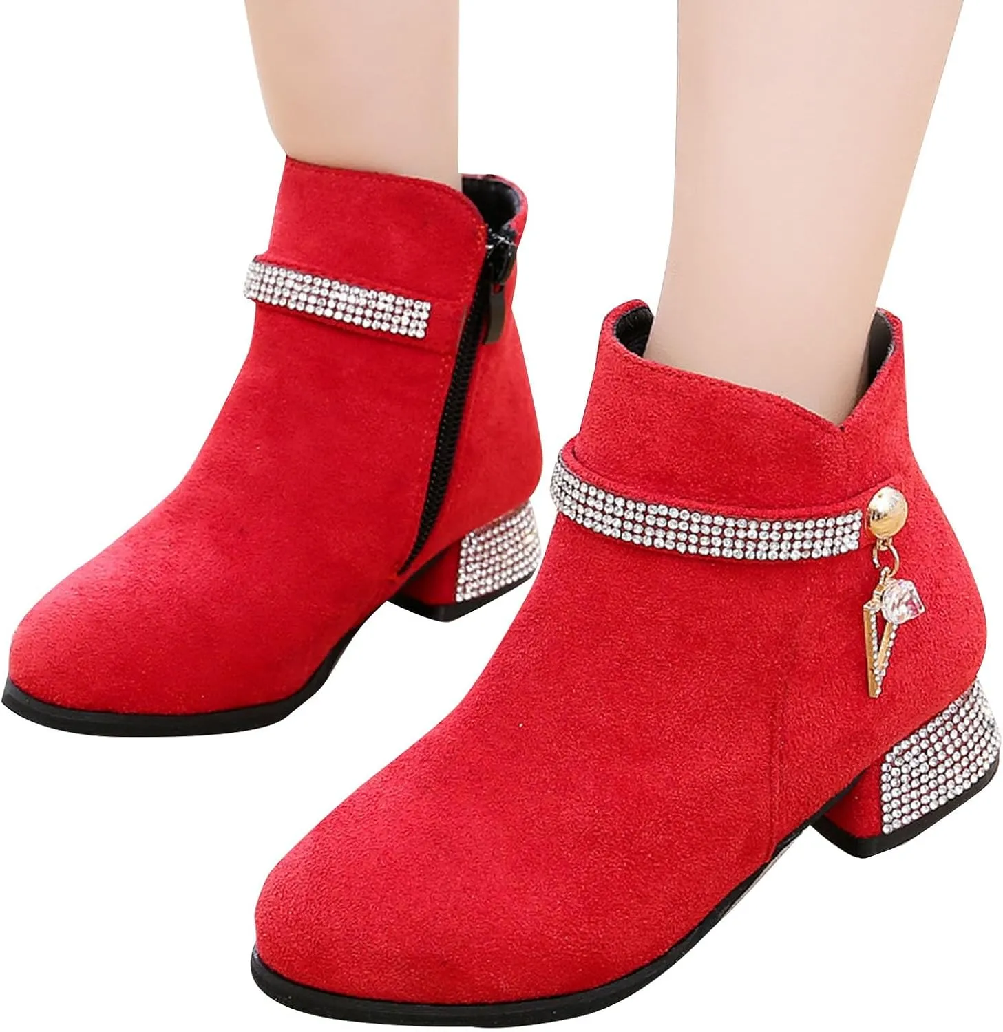 Kids Girls Low Heel Ankle Boots Side Zipper Slip On Dress Shoes Fall Winter Outdoor Casual Booties School Shoes