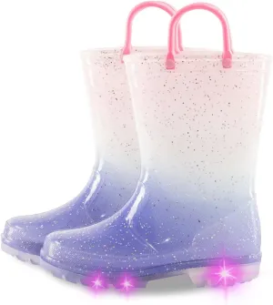 Kids Toddler Rain Boots for Girls Boys Light Up Waterproof Rain Shoes Patterns and Glitter Boot with Easy On Handles