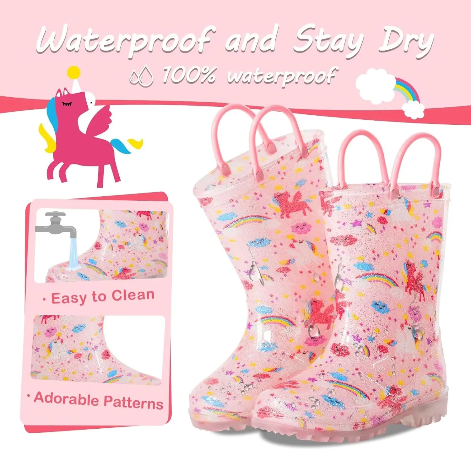 Kids Toddler Rain Boots for Girls Boys Light Up Waterproof Rain Shoes Patterns and Glitter Boot with Easy On Handles