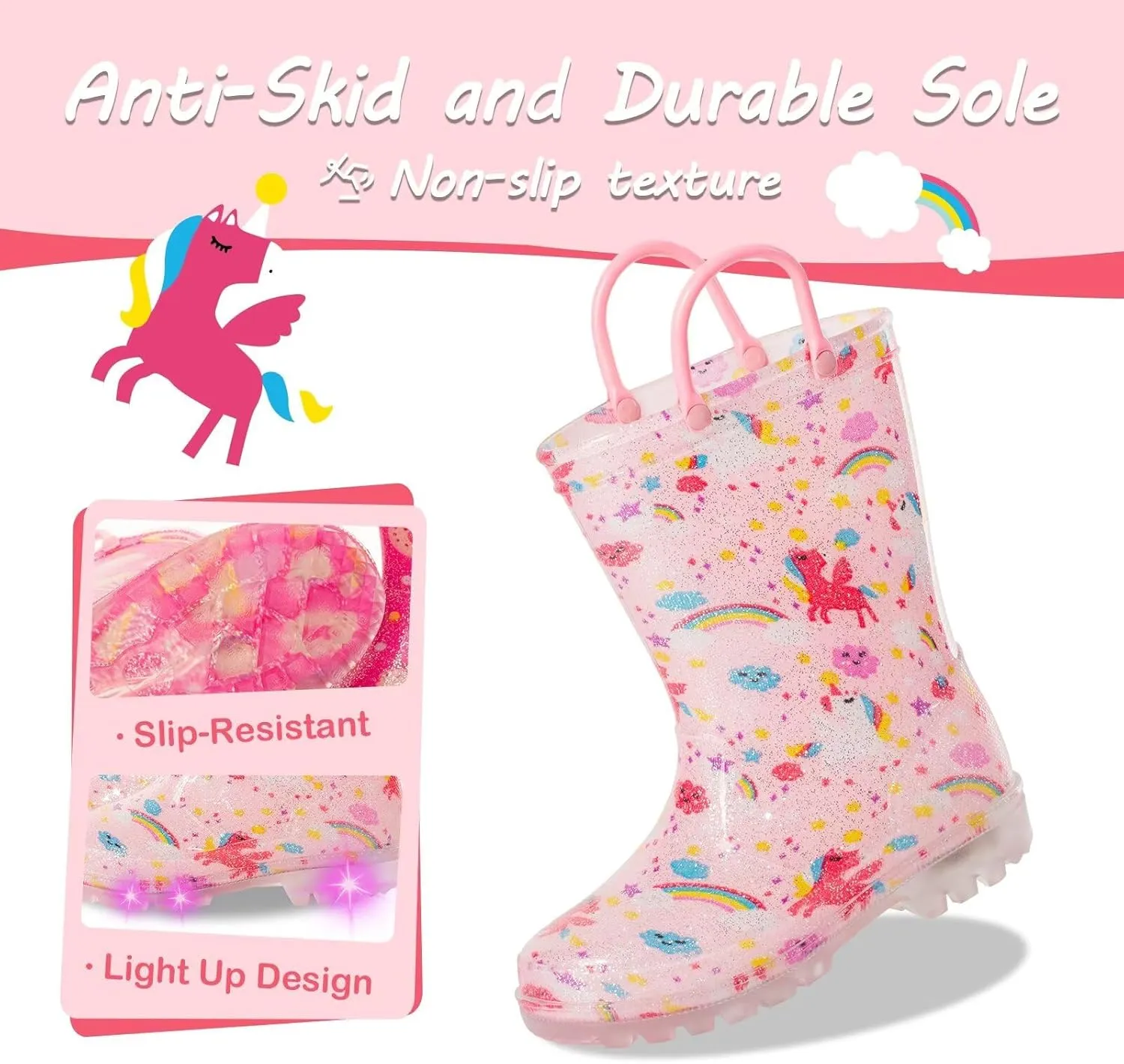 Kids Toddler Rain Boots for Girls Boys Light Up Waterproof Rain Shoes Patterns and Glitter Boot with Easy On Handles
