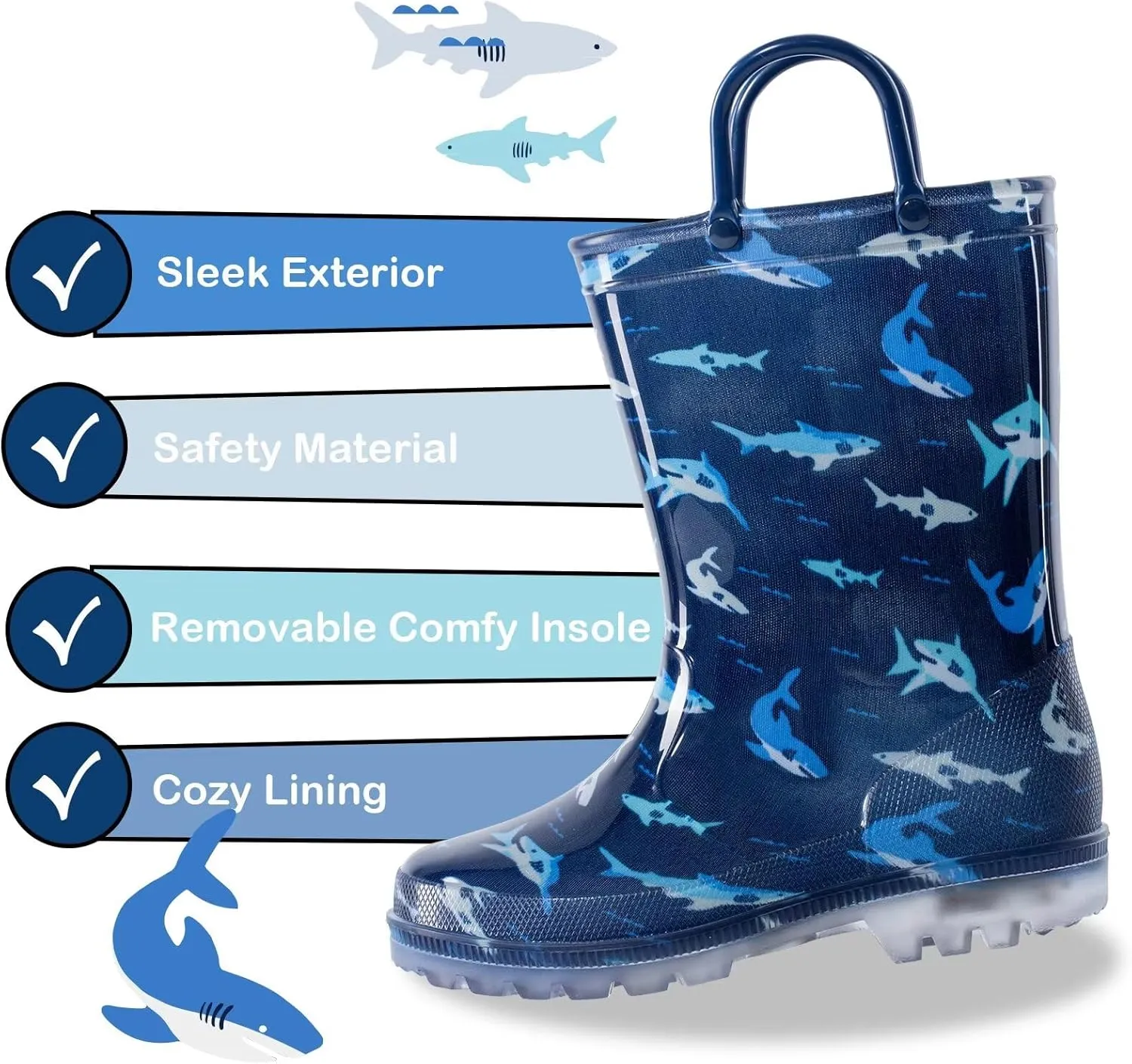 Kids Toddler Rain Boots for Girls Boys Light Up Waterproof Rain Shoes Patterns and Glitter Boot with Easy On Handles