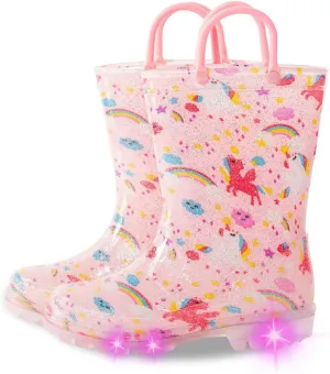 Kids Toddler Rain Boots for Girls Boys Light Up Waterproof Rain Shoes Patterns and Glitter Boot with Easy On Handles