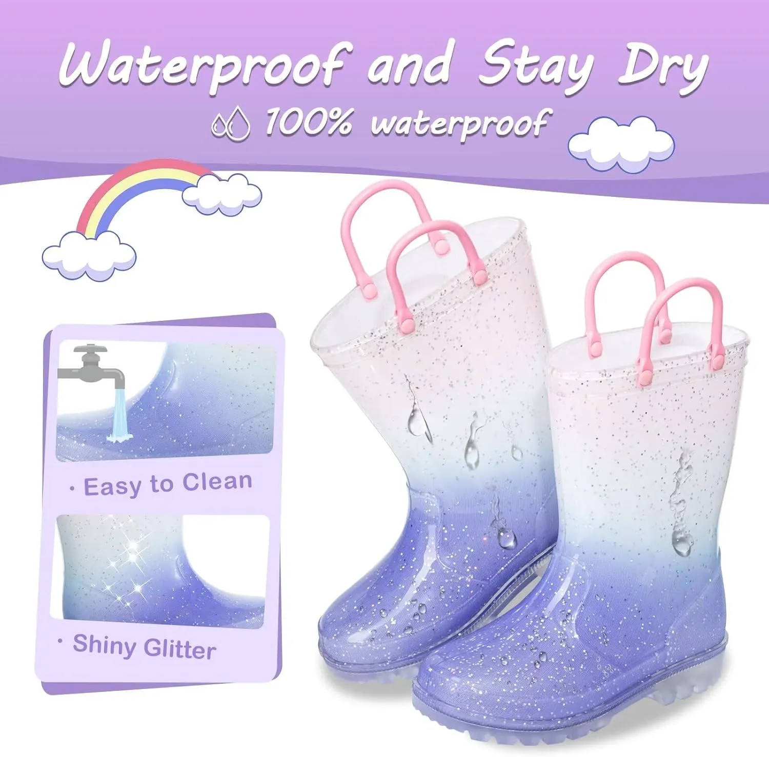 Kids Toddler Rain Boots for Girls Boys Light Up Waterproof Rain Shoes Patterns and Glitter Boot with Easy On Handles
