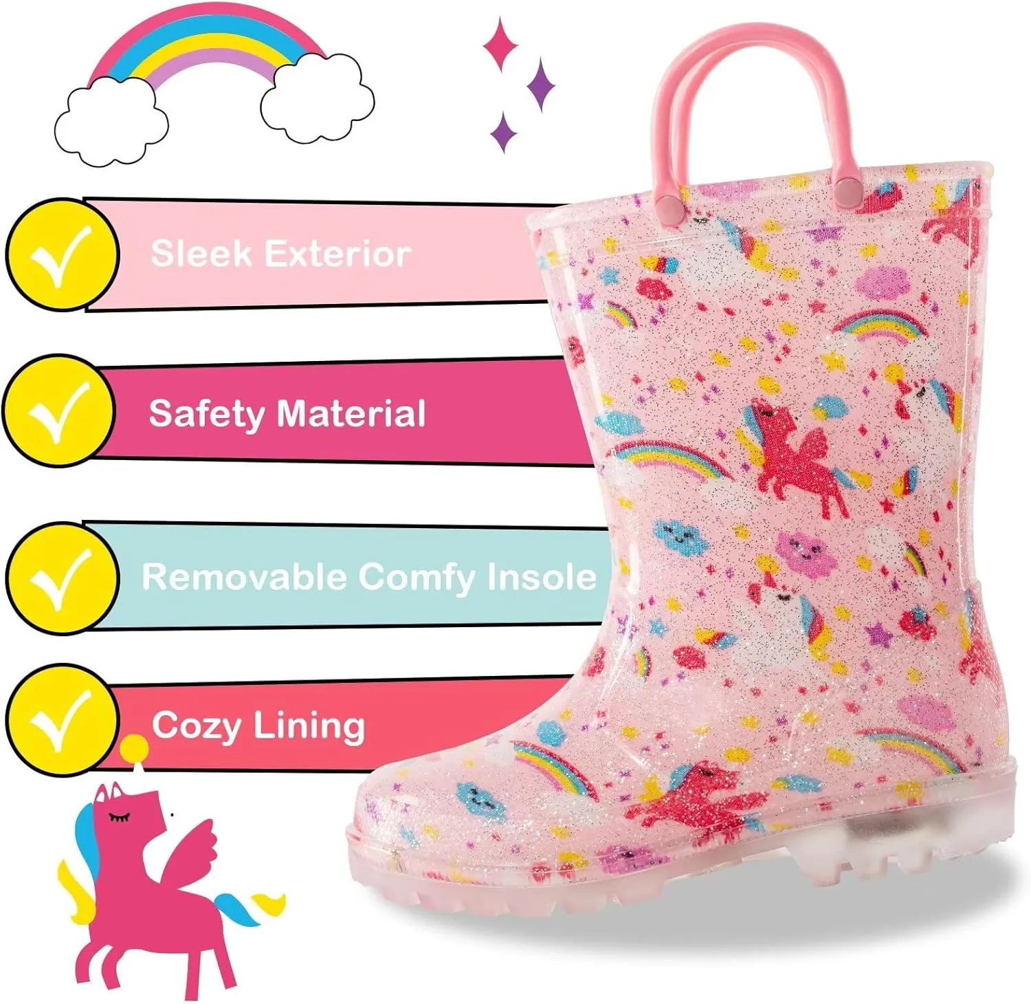 Kids Toddler Rain Boots for Girls Boys Light Up Waterproof Rain Shoes Patterns and Glitter Boot with Easy On Handles