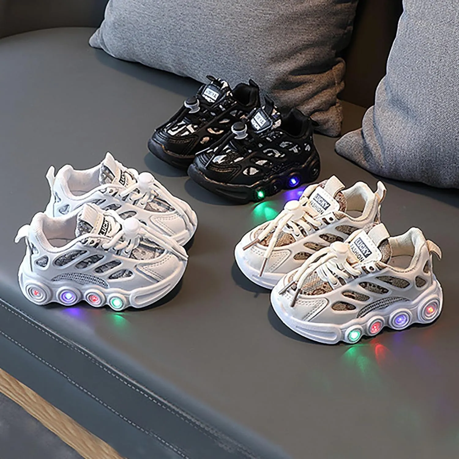 Light Up Shoes for Kids Fashion Adjustable Strap Lace-Up Athletic Sport Walking Sneakers Outdoor Indoor Trainer