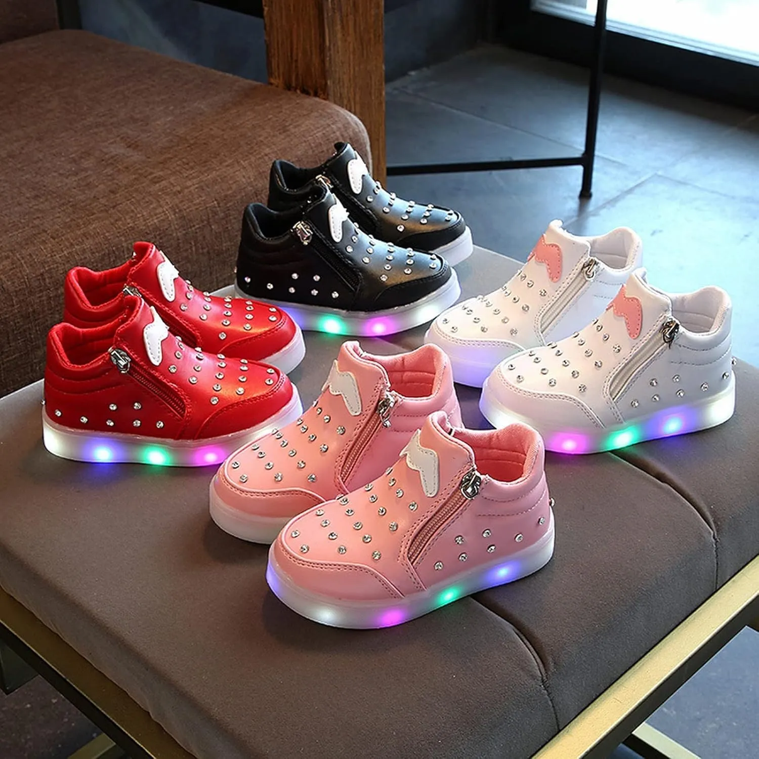 Little Boys Girls Toddler LED Flashing Sneakers Leather Zipper Flat Short Boots Lightweight Sport Shoes for Kids