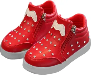 Little Boys Girls Toddler LED Flashing Sneakers Leather Zipper Flat Short Boots Lightweight Sport Shoes for Kids