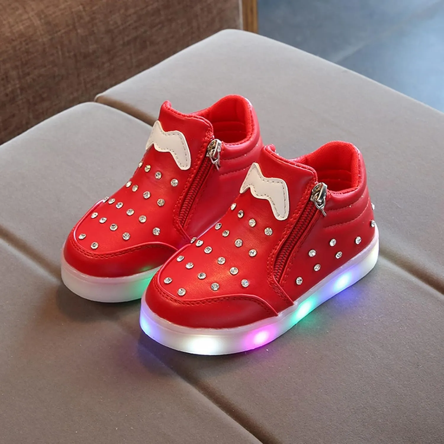 Little Boys Girls Toddler LED Flashing Sneakers Leather Zipper Flat Short Boots Lightweight Sport Shoes for Kids