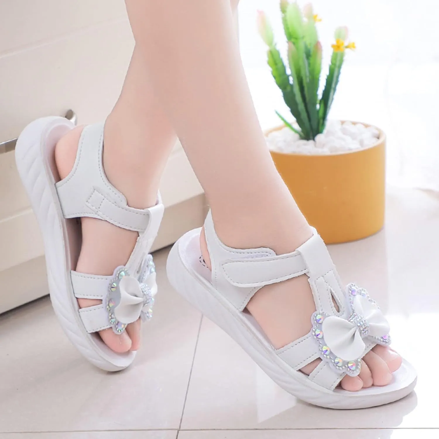 Little Girls Sandals Open Toe Cute Flat Dress Sandals Outdoor Fashion Summer Shoes Toddler First Walkers Shoes (White, 7-8 Years Little Child)