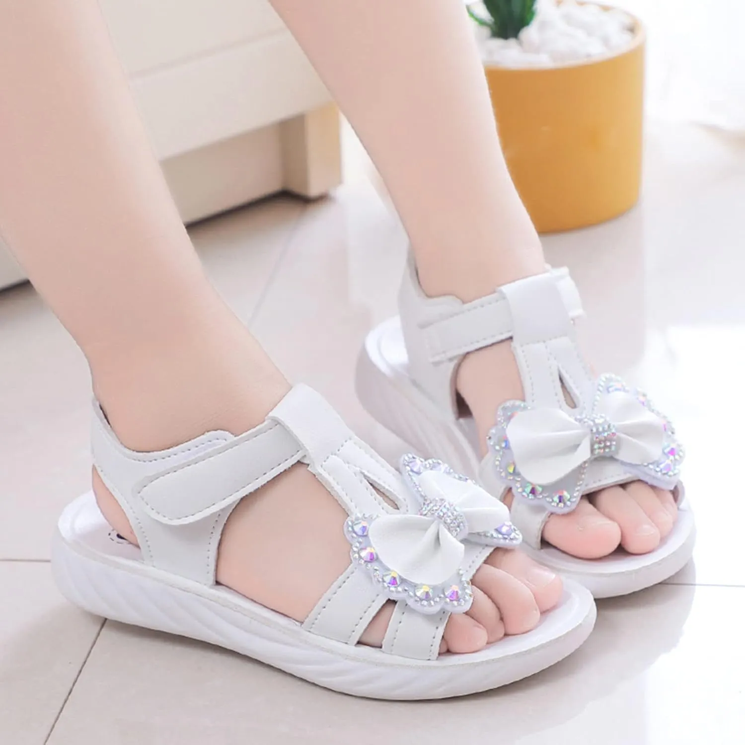 Little Girls Sandals Open Toe Cute Flat Dress Sandals Outdoor Fashion Summer Shoes Toddler First Walkers Shoes (White, 7-8 Years Little Child)