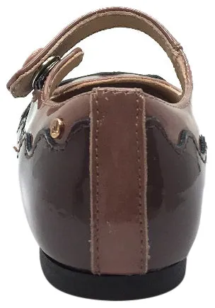 Manuela de Juan Girl's Amie Mauve & Pink Patent Scallop Edge Two Tone Leather Mary Jane Flats