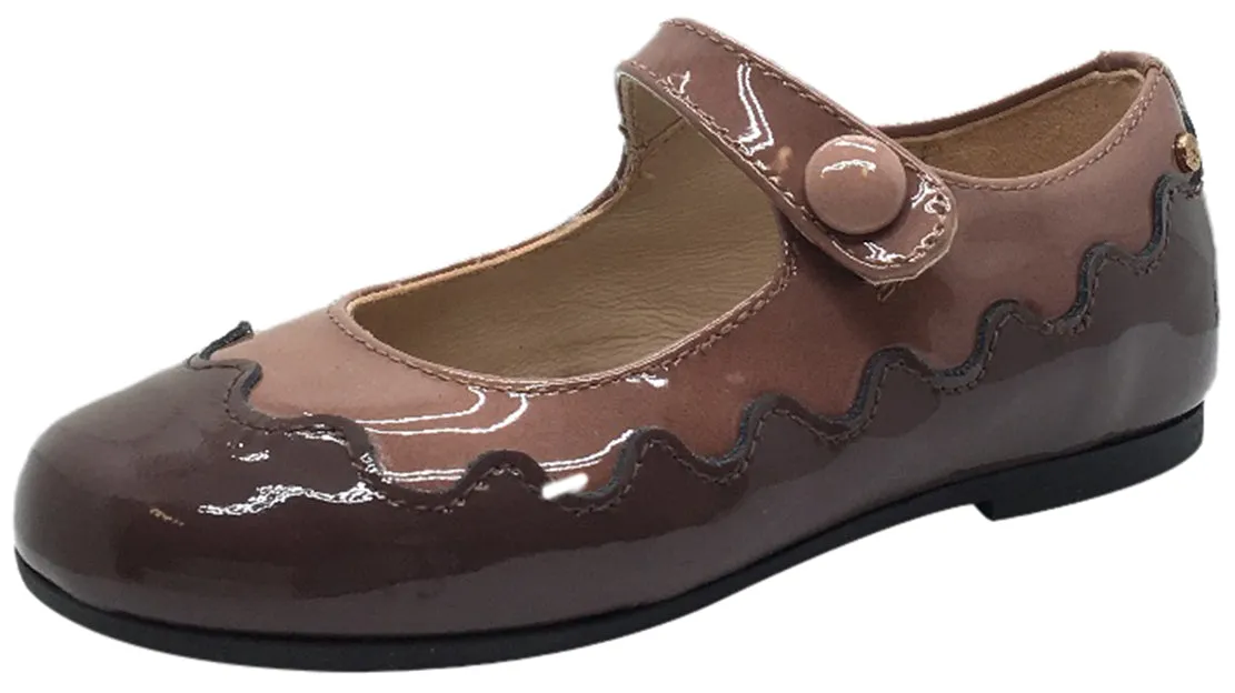Manuela de Juan Girl's Amie Mauve & Pink Patent Scallop Edge Two Tone Leather Mary Jane Flats