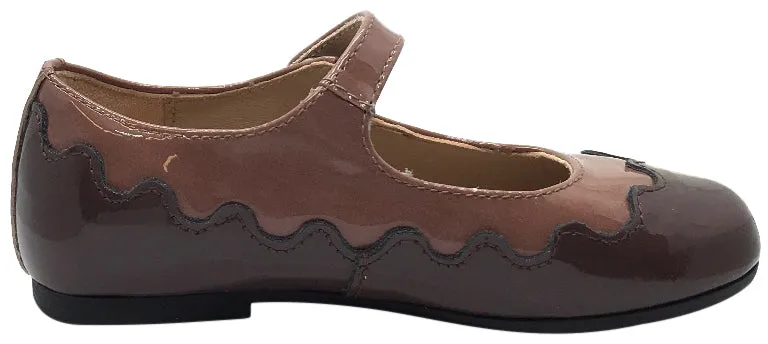 Manuela de Juan Girl's Amie Mauve & Pink Patent Scallop Edge Two Tone Leather Mary Jane Flats
