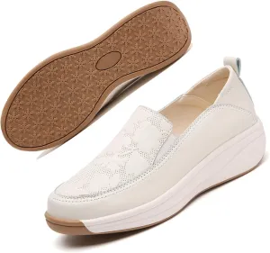 MEBAMY Women's Leather Soft Slip-On Loafers,Round Toe Platform Casual Sneakers,Non-Slip Heighten Low Top Comfortable Walking Loafers Black