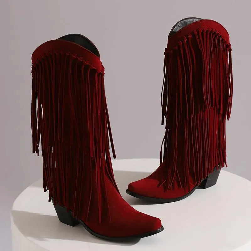 Meefit Fringe Cowboy Knee High Boots for Women Chunky Heel Tassel Cowgirl Boots Pull On Suede Western Tall Boots