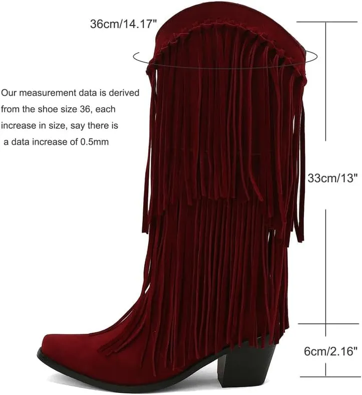 Meefit Fringe Cowboy Knee High Boots for Women Chunky Heel Tassel Cowgirl Boots Pull On Suede Western Tall Boots
