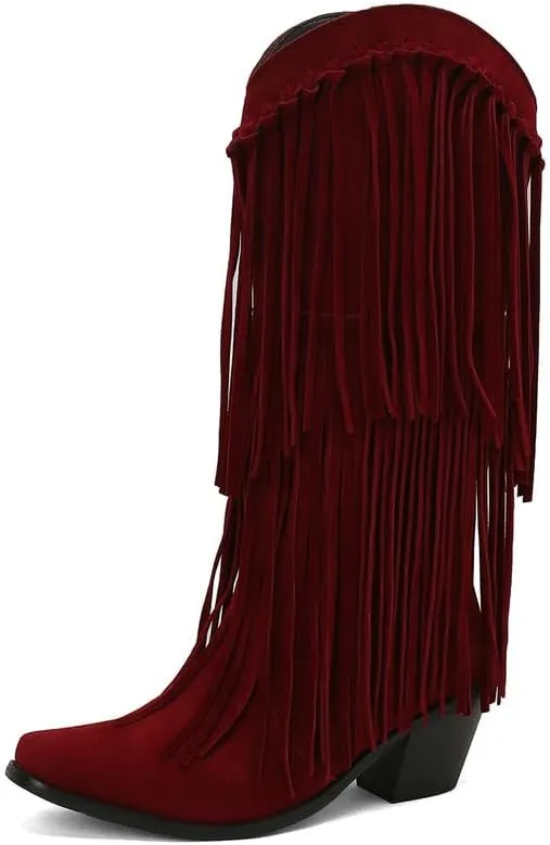 Meefit Fringe Cowboy Knee High Boots for Women Chunky Heel Tassel Cowgirl Boots Pull On Suede Western Tall Boots