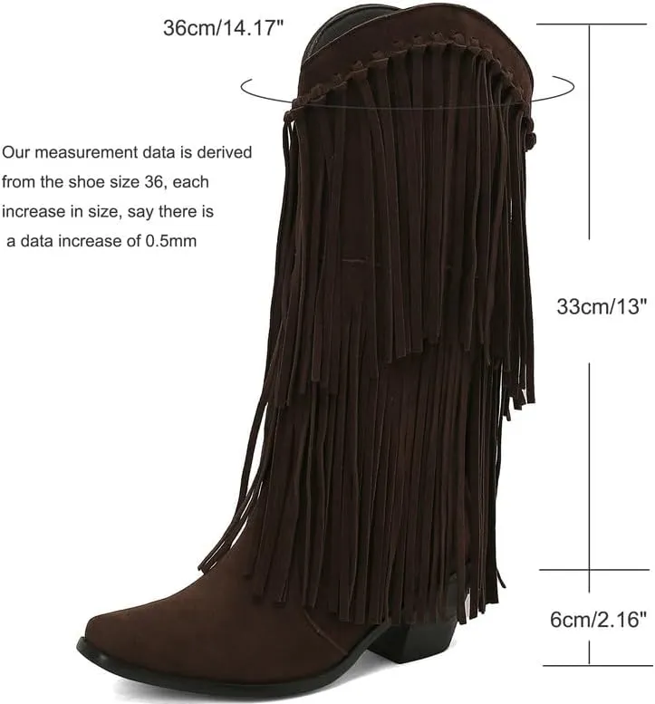 Meefit Fringe Cowboy Knee High Boots for Women Chunky Heel Tassel Cowgirl Boots Pull On Suede Western Tall Boots