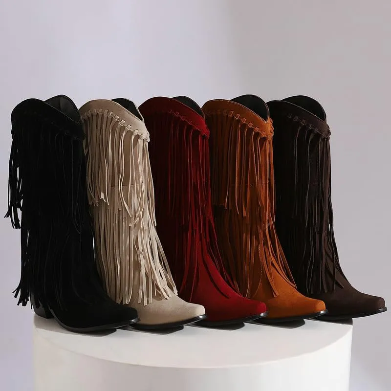 Meefit Fringe Cowboy Knee High Boots for Women Chunky Heel Tassel Cowgirl Boots Pull On Suede Western Tall Boots