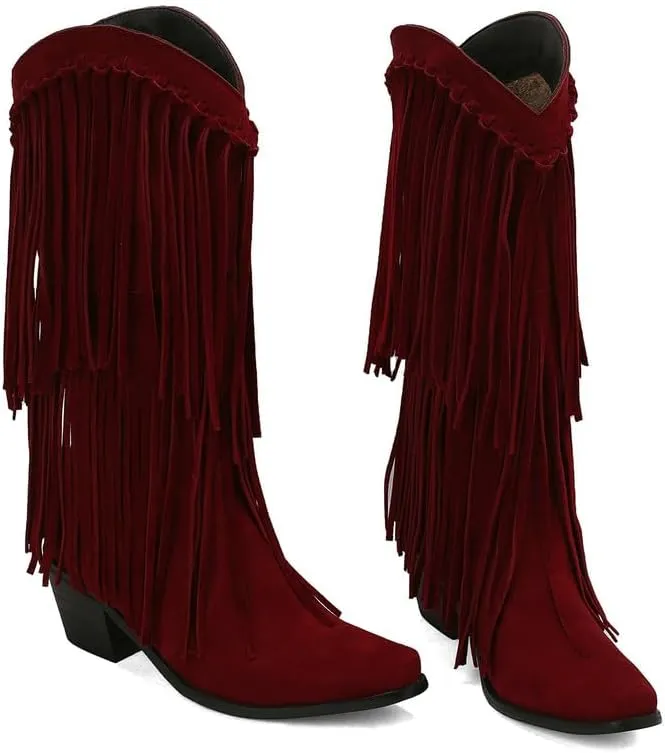 Meefit Fringe Cowboy Knee High Boots for Women Chunky Heel Tassel Cowgirl Boots Pull On Suede Western Tall Boots