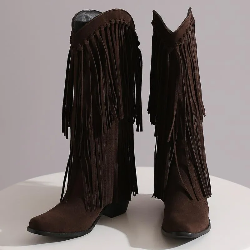 Meefit Fringe Cowboy Knee High Boots for Women Chunky Heel Tassel Cowgirl Boots Pull On Suede Western Tall Boots