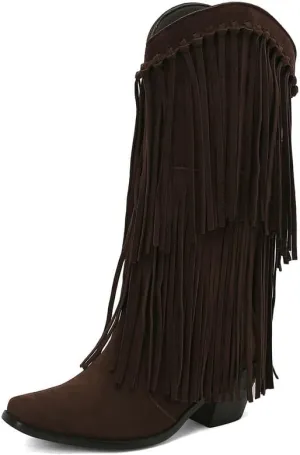 Meefit Fringe Cowboy Knee High Boots for Women Chunky Heel Tassel Cowgirl Boots Pull On Suede Western Tall Boots