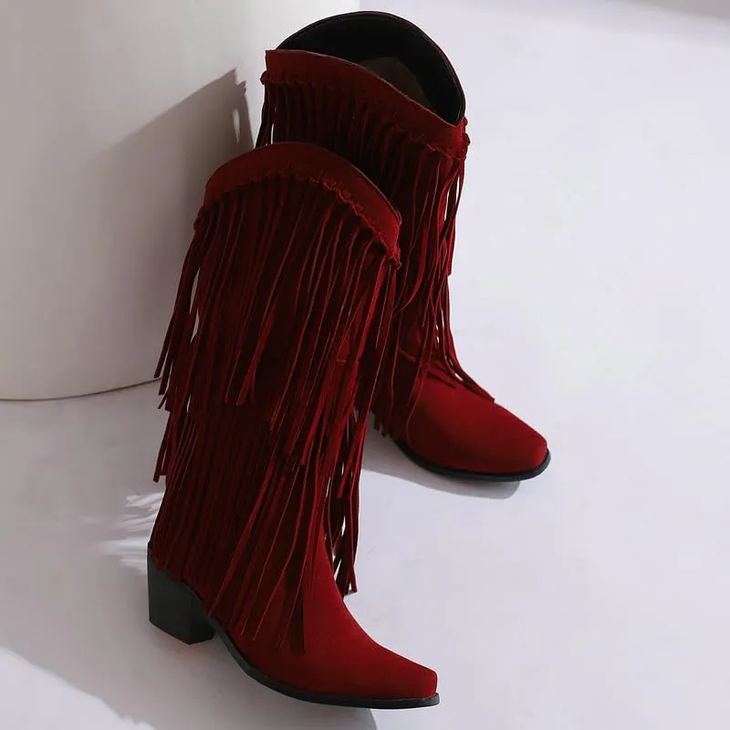 Meefit Fringe Cowboy Knee High Boots for Women Chunky Heel Tassel Cowgirl Boots Pull On Suede Western Tall Boots