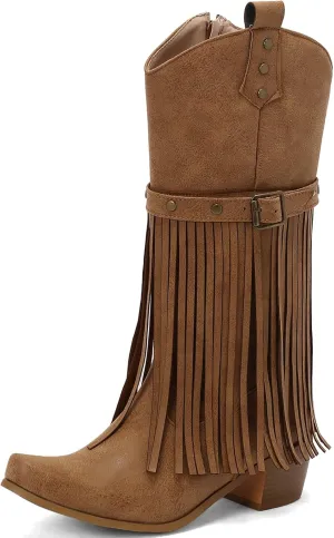 Meefit Fringe Knee High Cowboy Boots Women Tassel Cowgirl Boots Chunky Heel Mid Calf Western Boots Fashion Tall Boots with Zipper