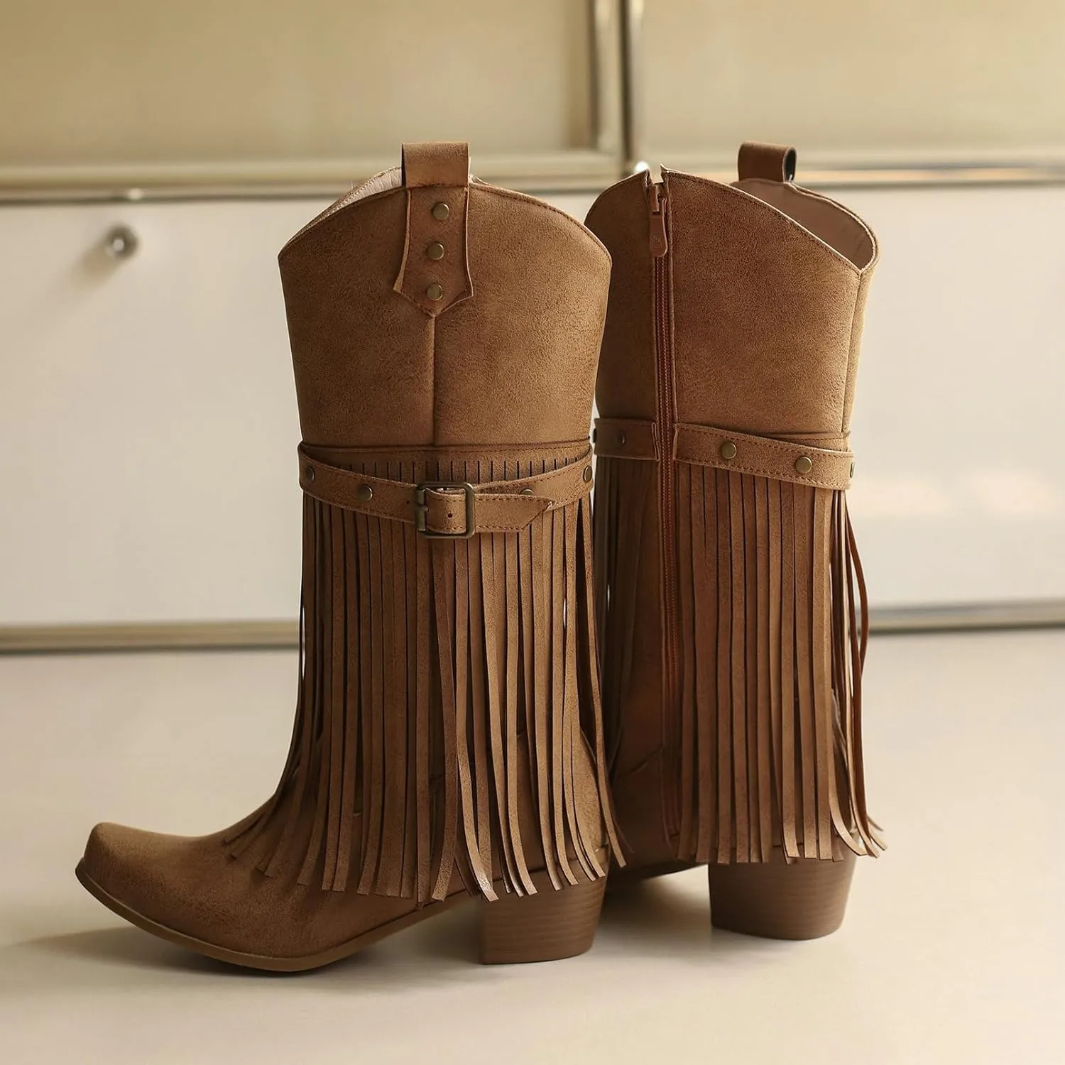 Meefit Fringe Knee High Cowboy Boots Women Tassel Cowgirl Boots Chunky Heel Mid Calf Western Boots Fashion Tall Boots with Zipper