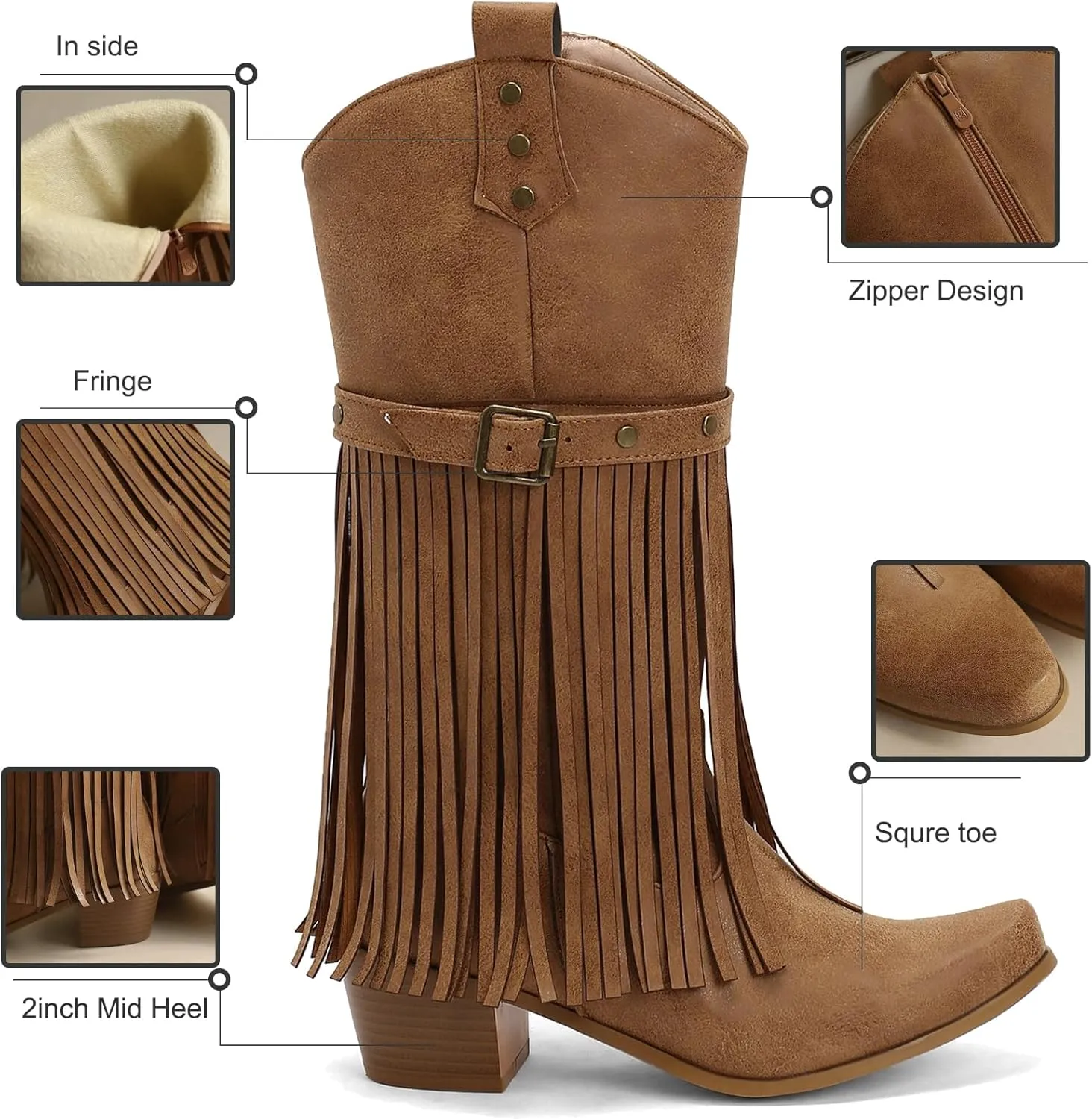 Meefit Fringe Knee High Cowboy Boots Women Tassel Cowgirl Boots Chunky Heel Mid Calf Western Boots Fashion Tall Boots with Zipper