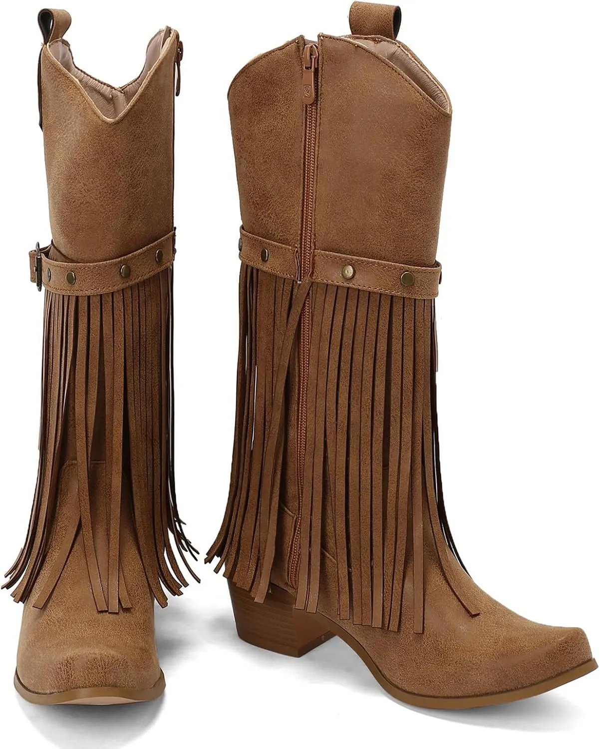 Meefit Fringe Knee High Cowboy Boots Women Tassel Cowgirl Boots Chunky Heel Mid Calf Western Boots Fashion Tall Boots with Zipper