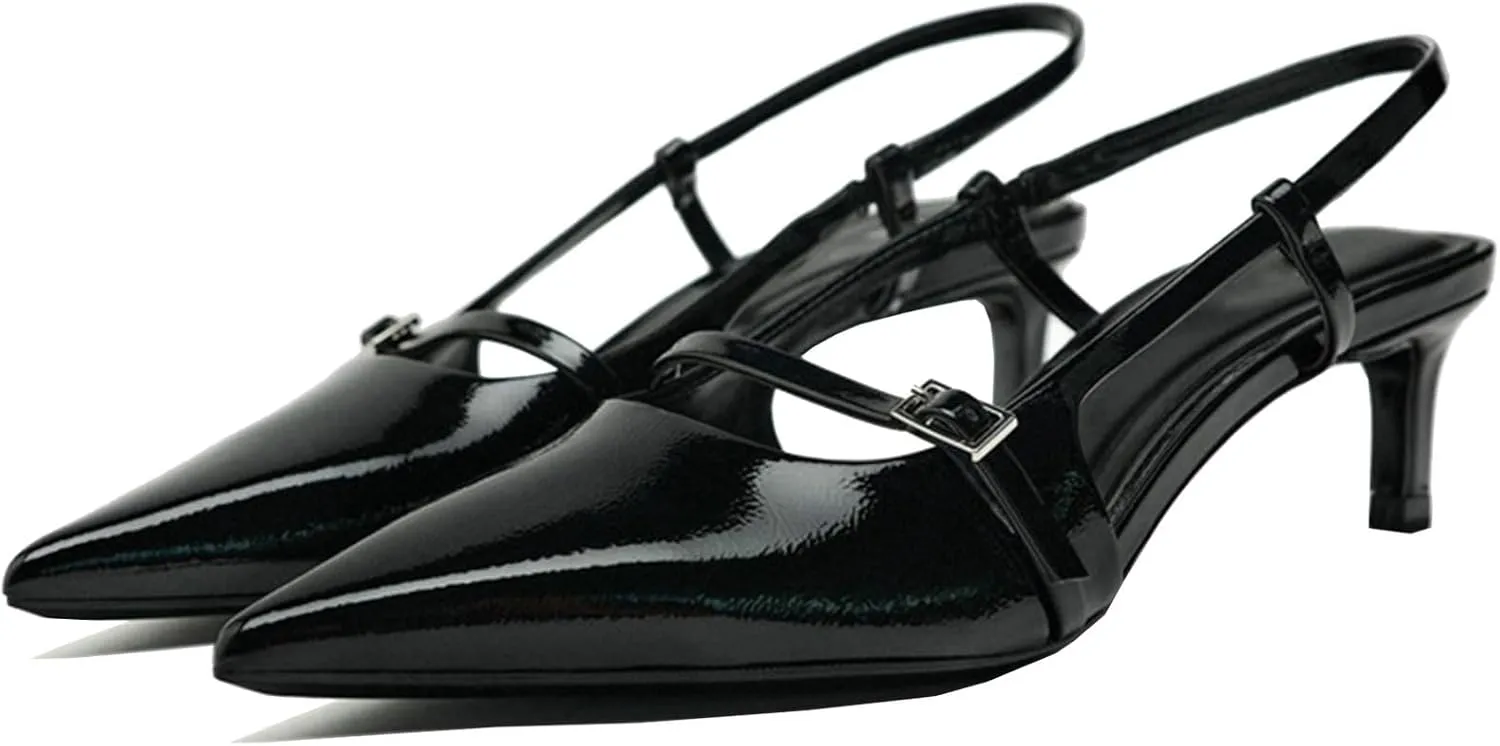 Meefit Pointed Toe Kitten Heel Slingbacks for Women Patent Leather Low Heel Buckle Pumps Comfortable Dress Shoes