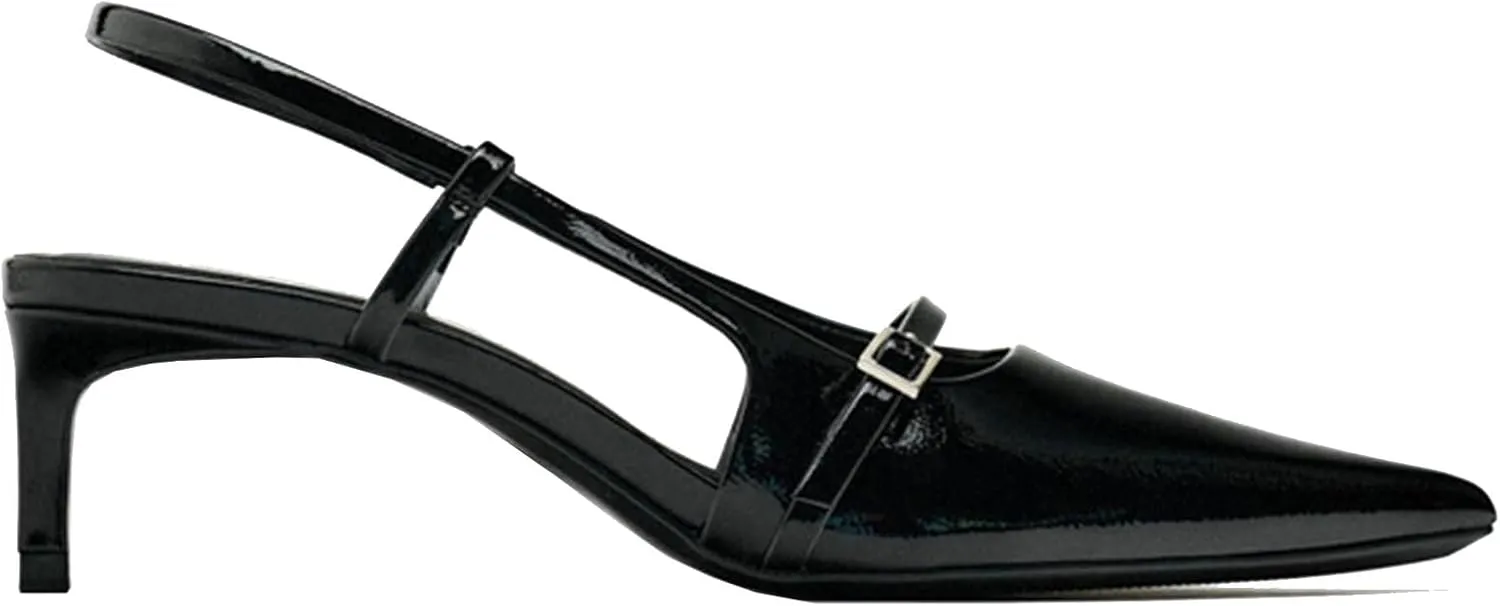 Meefit Pointed Toe Kitten Heel Slingbacks for Women Patent Leather Low Heel Buckle Pumps Comfortable Dress Shoes