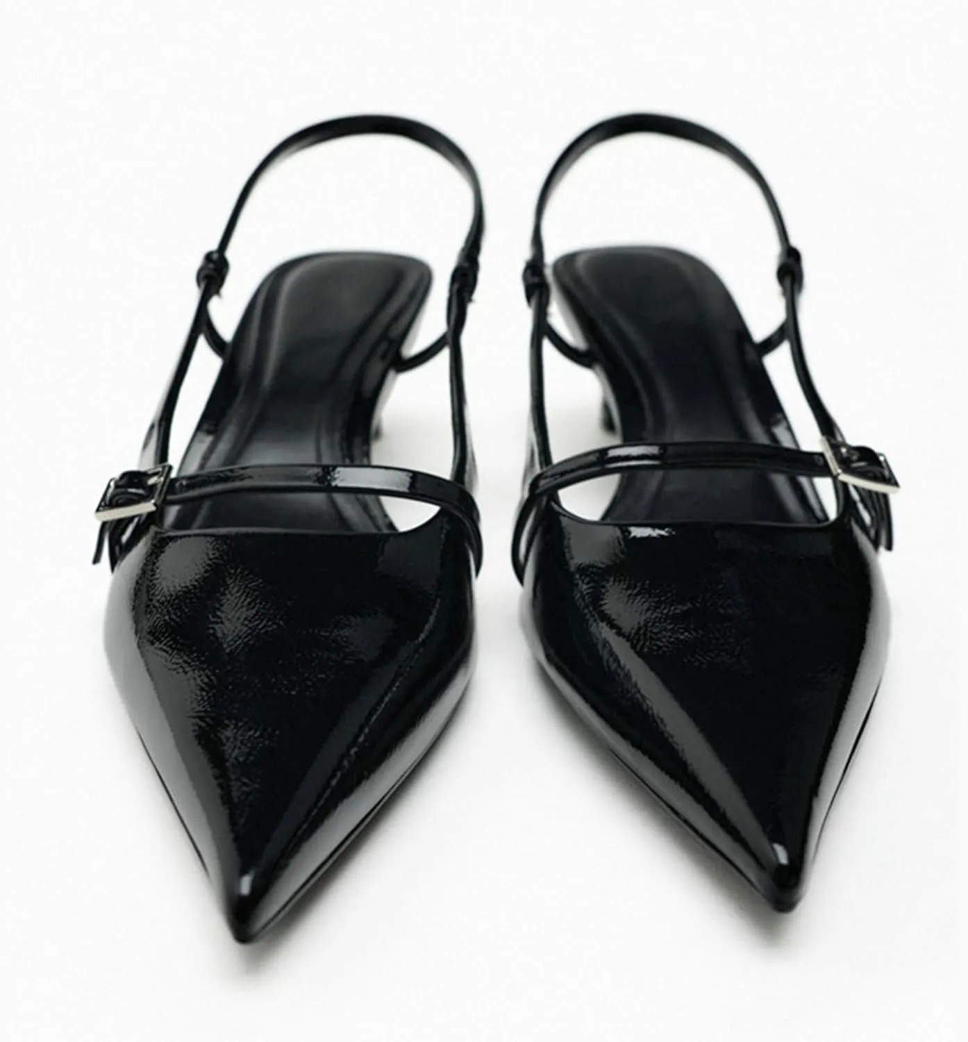 Meefit Pointed Toe Kitten Heel Slingbacks for Women Patent Leather Low Heel Buckle Pumps Comfortable Dress Shoes