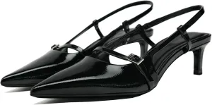 Meefit Pointed Toe Kitten Heel Slingbacks for Women Patent Leather Low Heel Buckle Pumps Comfortable Dress Shoes