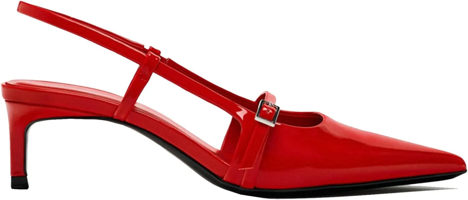 Meefit Pointed Toe Kitten Heel Slingbacks for Women Patent Leather Low Heel Buckle Pumps Comfortable Dress Shoes