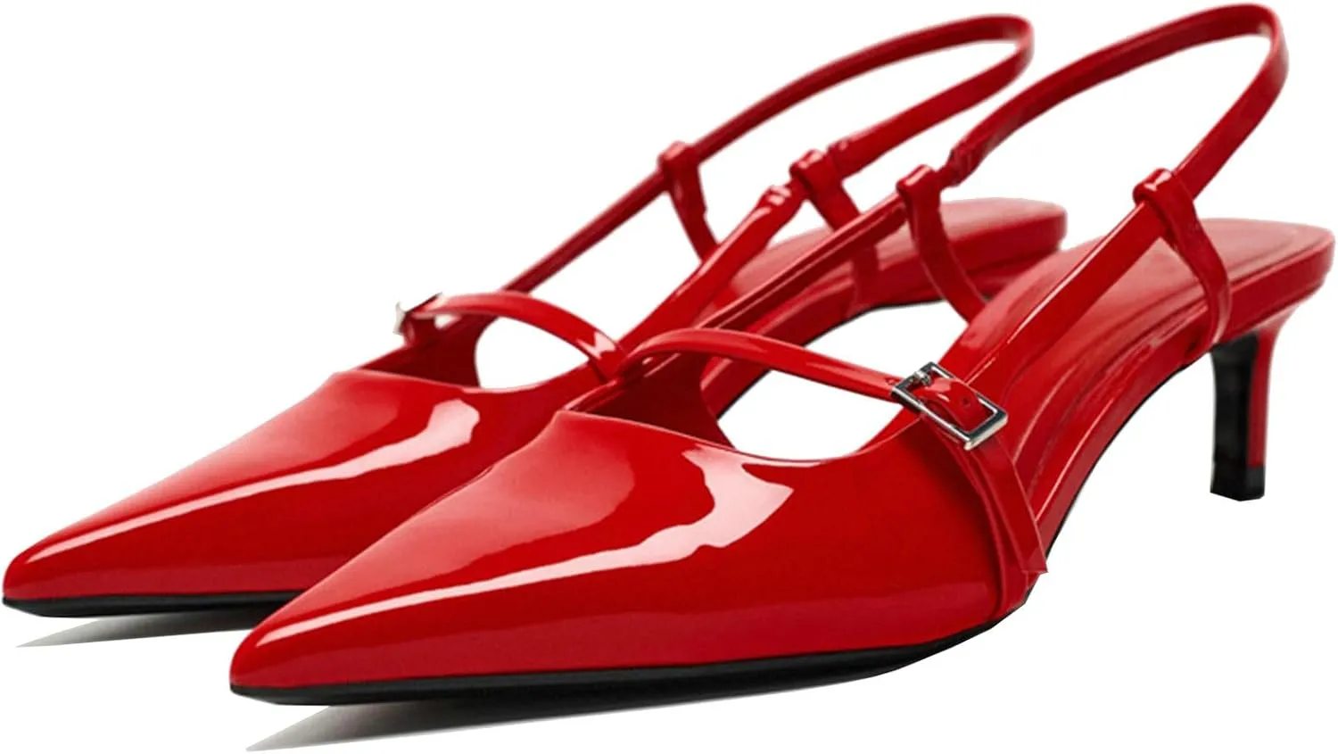 Meefit Pointed Toe Kitten Heel Slingbacks for Women Patent Leather Low Heel Buckle Pumps Comfortable Dress Shoes