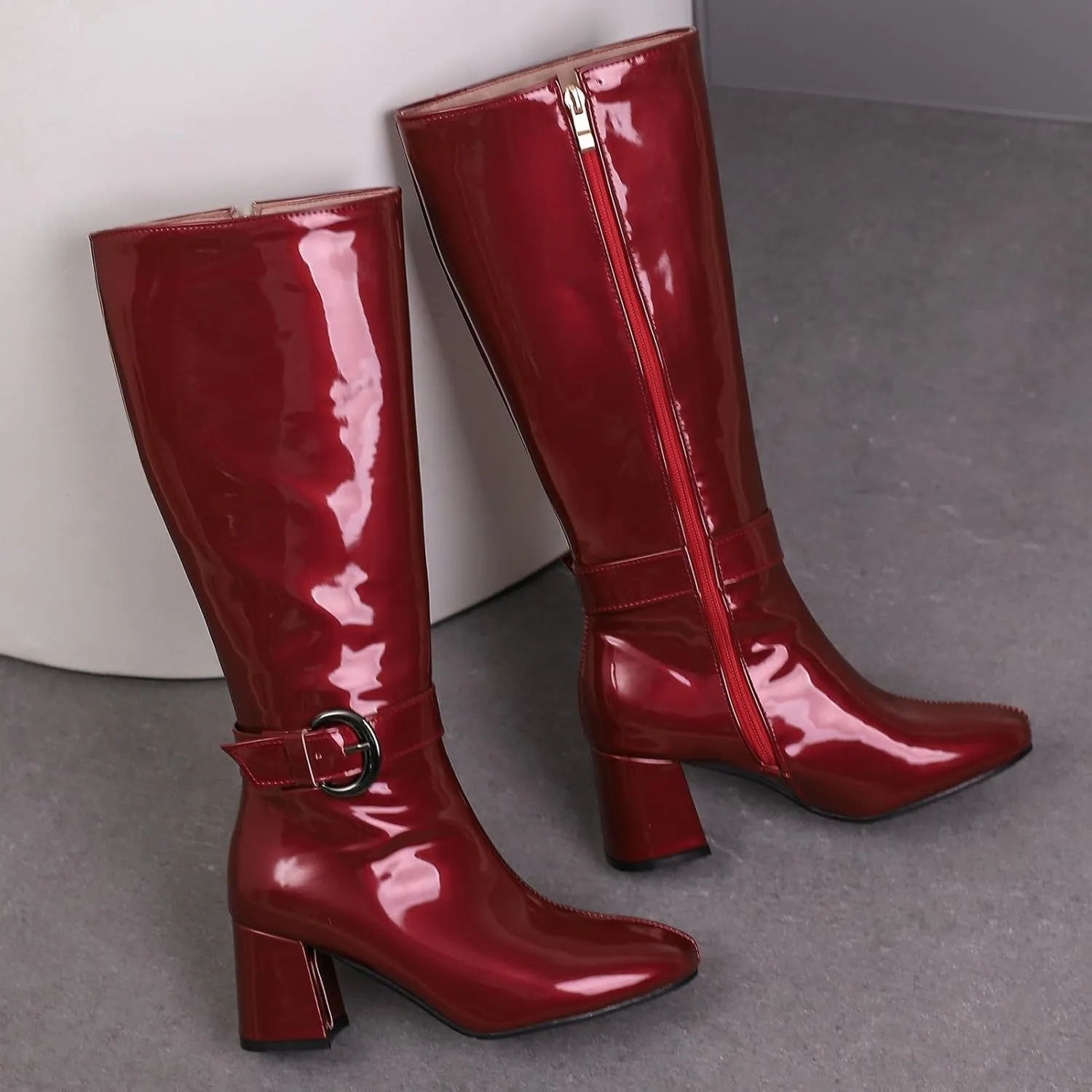 Meefit Women Block Heel Knee High Riding Boots Classic Round Toe Zip Up Tall Boot