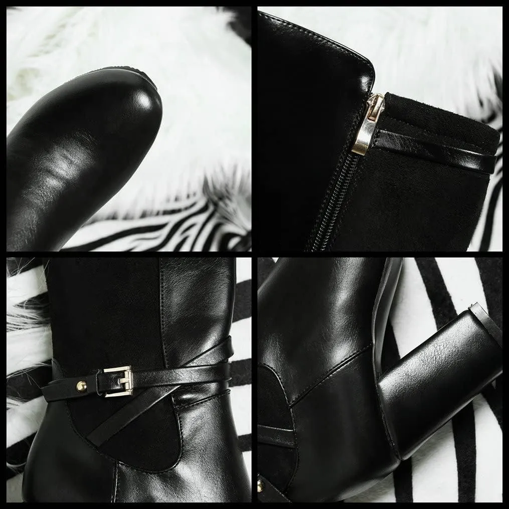Meefit Women Block Heel Knee High Riding Boots Classic Round Toe Zip Up Tall Boot